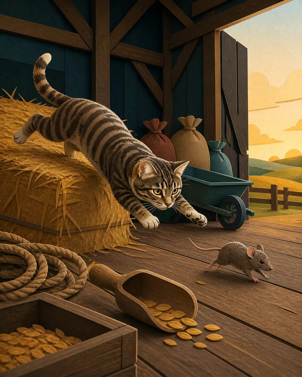 Кот играет с мышью в амбаре